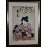 Japanese School (Meiji period), a coloured woodblock print, of an onna-bugeisha, 34.5cm x 22.5cm