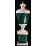 A Neo-Classical design malachite and white marble mantel urn, square base, 40cm high