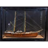 Marine Folk Art - a softwood model ship diorama, of a French barque, glazed ebonised case, 31cm