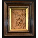 A European softwood plaque, well carved with an eagle defending her nest, the hapless climber