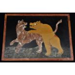 A pietra dura rectangular plaque, worked in specimen stones with a bear attacking a tiger, 20.5cm