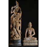 An Indian sandalwood carving, of deities, 36cm high; an Indian/Burmese hardwood carving, of