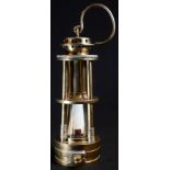 Coal Mining Interest - a 19th century brass miner's gas lamp, by Davis, Derby, pierced canopy