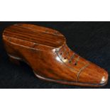 Treen - an oak novelty snuff box, as a shoe, sliding cover, carved 'laces', 10cm long