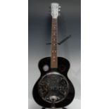 A Martin Smith six string resonator guitar, black with cream edges, chrome spider cone resonator