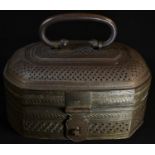 An Indian brass paan box, pierced and engraved with stylised flowers and blossom, swan neck