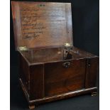 An unusual George III mahogany box, hinged cover, the front and side with removable sliding