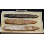Antiquities - Stone Age, three Swedish thick-butted flint chisels, various, the largest 15.2cm long,