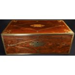 A Regency rosewood and brass marquetry campaign writing box, hinged cover enclosing a lockable slope