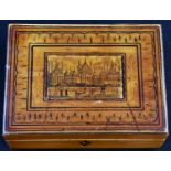 A Regency whitewood penwork rectangular box, hinged cover decorated with a view of Brighton
