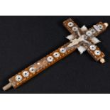 A Middle Eastern olive wood, mother of pearl and marquetry corpus christi, the cross inlaid with the