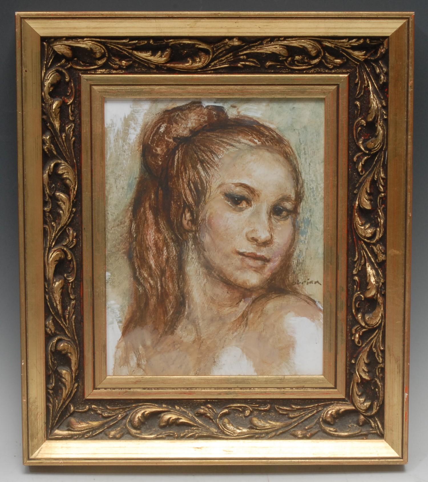 **O' Brian Portrait of an Irish Girl signed, titled to verso, oil on board, 27cm x 20cm