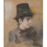 Carl Vautier (Swiss, b.1860) Portrait of a Lady, wearing a tall hat with green band and yellow