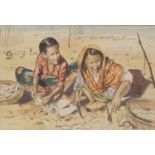 A B Ibrahim (Malaysian School) Preparing Fish on the Beach signed, watercolour, 37cm x 55cm