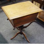A late Victorian mahogany worktable rectangular hinge lid, fitted interior, unusual tripod column,