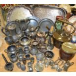 Metalware - a copper kettle; EPNS and pewter including a Viners of Sheffield tray; three piece