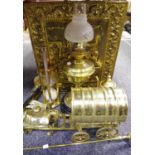 Brass - a Victorian brass oil lamp, duplex burner; a brass horse and cart; a brass egg timer;