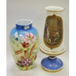 A 19th century bohemian milk glass vase, printed and painted with a well dress maiden, street