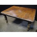 A Victorian oak canted rectangular oak wind out dining table, leafy carved rim. bold cup and cover