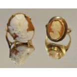 A 9ct rose gold cameo ring depicting a Greek goddess; another
