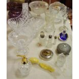 Silver and glass - silver topped scent bottles, silver mounted powder jar, flower basket, wine glass