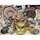 Metalware - brass, copper and plated including kettle, candelabra, chamberstick, tea and coffee pots