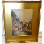 C J Keats (late 19th century) Continental canal scene, watercolour, period frame 27cm x 37cm