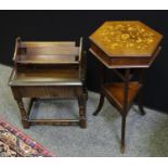 A 20th century inlaid hexagonal topped work table; a telescopic oak book trough; a priory style