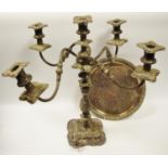 A silver plate on copper five light four branch table candlestick, 54cm high, late 19th century; a