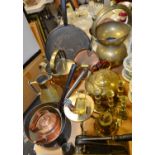 Victorian and later brass and copper metal ware including a brass watering can, candlesticks pans