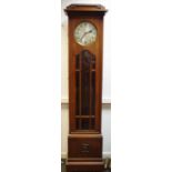 Oak longcase clock, silvered dial, Arabic numerals, glazed door to waist.
