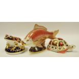 A Royal Crown Derby paperweight, Golden Carp, gold stopper, printed mark; other, Frog, unmarked,