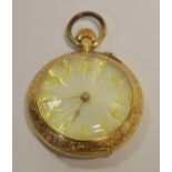 A 14k gold continental lady's pocket watch, patterned pearlescent dial, gold Arabic numerals,