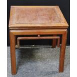 A Chinese hard wood tea table, square top, shaped frieze, rounded block legs, 53cm x 53cm