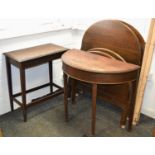 An oak D-end side table, 89cm wide, c.1930'; two oak single bed heads and ends, with sides, c.