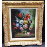 N Bennett, contemporary, Still Life Flowers, featuring Hydrangeas, peonies, roses etc, oil on board,