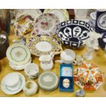 A Royal Crown Derby hexagonal bowl, second; an Old Avesbury plate; a reproduction Bilston enamel