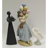A Lladro figure of a balloon girl, pattern number 5141; Lladro goose; a Royal Doulton figure 'Peace'
