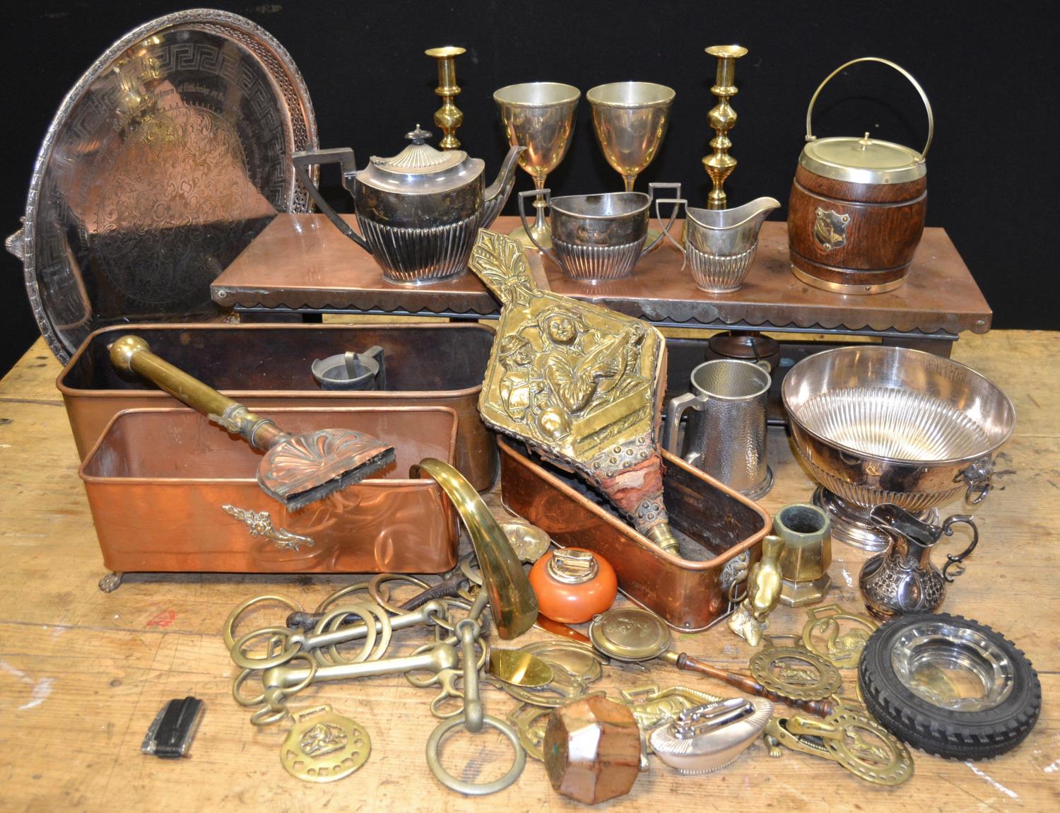 Metalware - a Victorian copper warming tray; trio of planters, brass candlesticks, silver plated