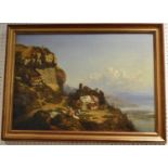 19th century Italian School Travelers settlement amongst the hills, oil on canvas, framed, 63cm x