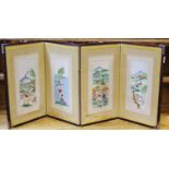 A Japanese fire screen, folding four panel body, each inset with central painted and embroidered
