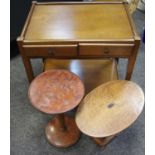 An Art Deco oak oval side table smokers stand; another; a tea trolley (3)