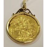 A George V full sovereign, 1912 mounted in 9ct pendant mount; 9ct gold belcher chain & gold 9.3g