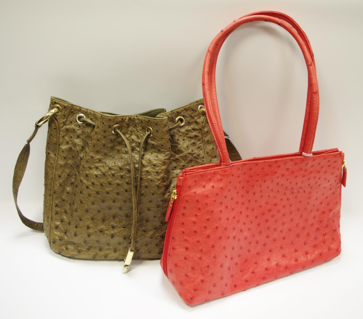 Luxury Fashion - a Dilucio red ostrich skin lady's handbag, 35cm wide; another, Fiorenze, green ,