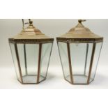 A pair of copper hexagonal hall lanterns, 35cm high