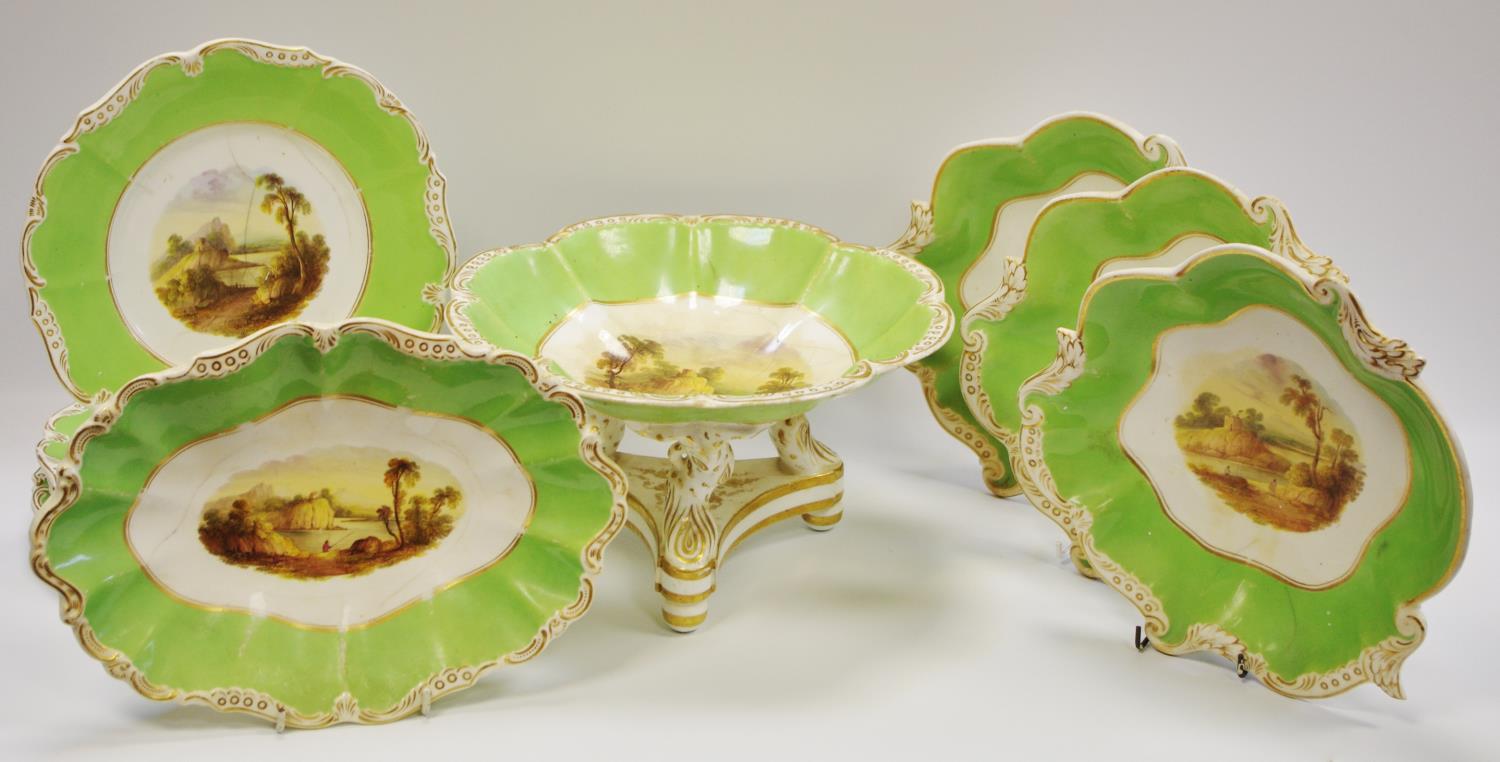 A 19th century Derbyshire views hand painted dessert service, comport, five plates. four shaped