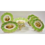 A 19th century Derbyshire views hand painted dessert service, comport, five plates. four shaped