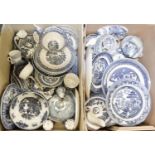 A large quantity 19th century and later blue and white ware, some Willow pattern, comprising ladles,