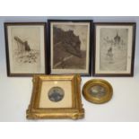 Picture and Prints - H J Wells, a Trio, Bridge, Monument and Coastal view, engravings, others