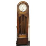 Oak longcase clock, dome top, silvered dial, Arabic numerals.